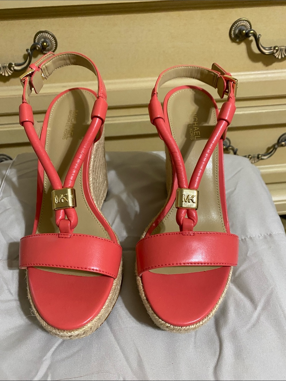 Michael Kors Coral Pink Wedge Espadrille Sandals